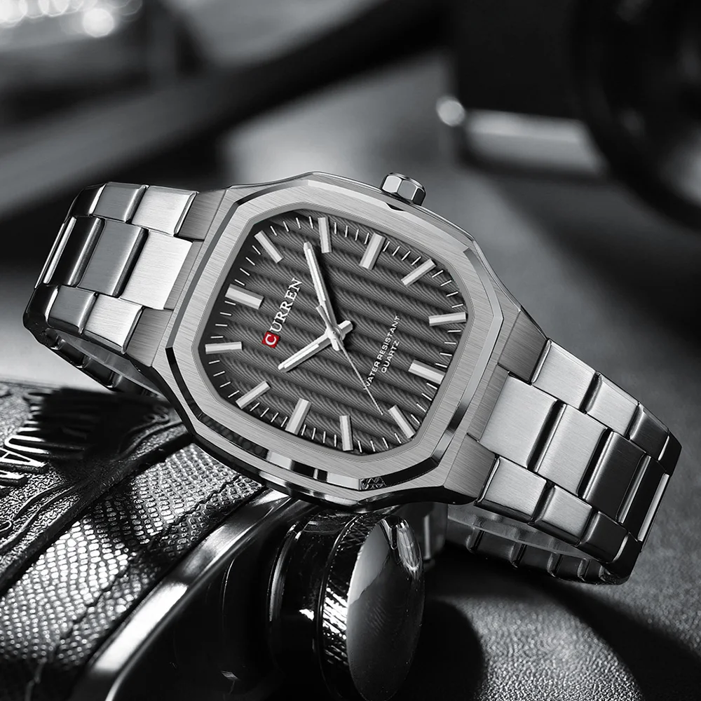 CURREN 8458 นาฬิกาสี่เหลี่ยมหน้าปัดเล็กนาฬิกาลําลองกันน้ํานาฬิกาคู่รักเรียบง่ายนาฬิกาข้อมือหน้าปัดเล็ก