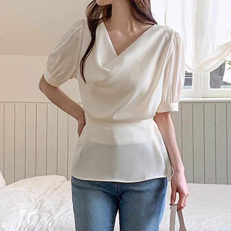 Fashion Irregular V-neck Lace-up Shirts Women Waist-cinching Slim Tops Blouse Elegant Loose Casual Blouse Apricot, Sky Blue