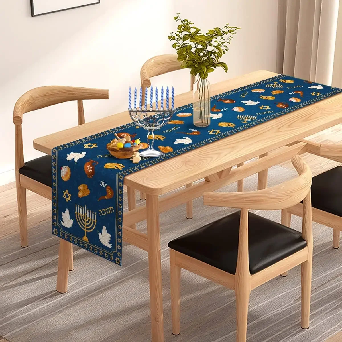 Hanukkah Linen Table Runner Party Decor Jewish Chanukah Menorah Dreidel Star of David Dining Table Runners Hanukkah Decorations