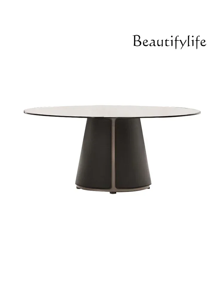 Italian-Style Light Luxury Tempered Glass Dining Table and Chair Combination Household Stainless Steel Foot round Dining Table