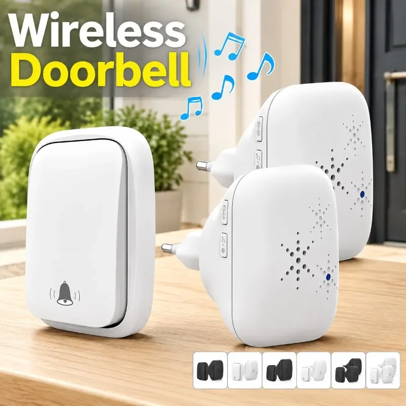 Self Powered Wireless Doorbell EU Plug 433.92MHz, 38 Tunes 4 Volume Levels No Battery Required, Plug and Play Home Door Bell