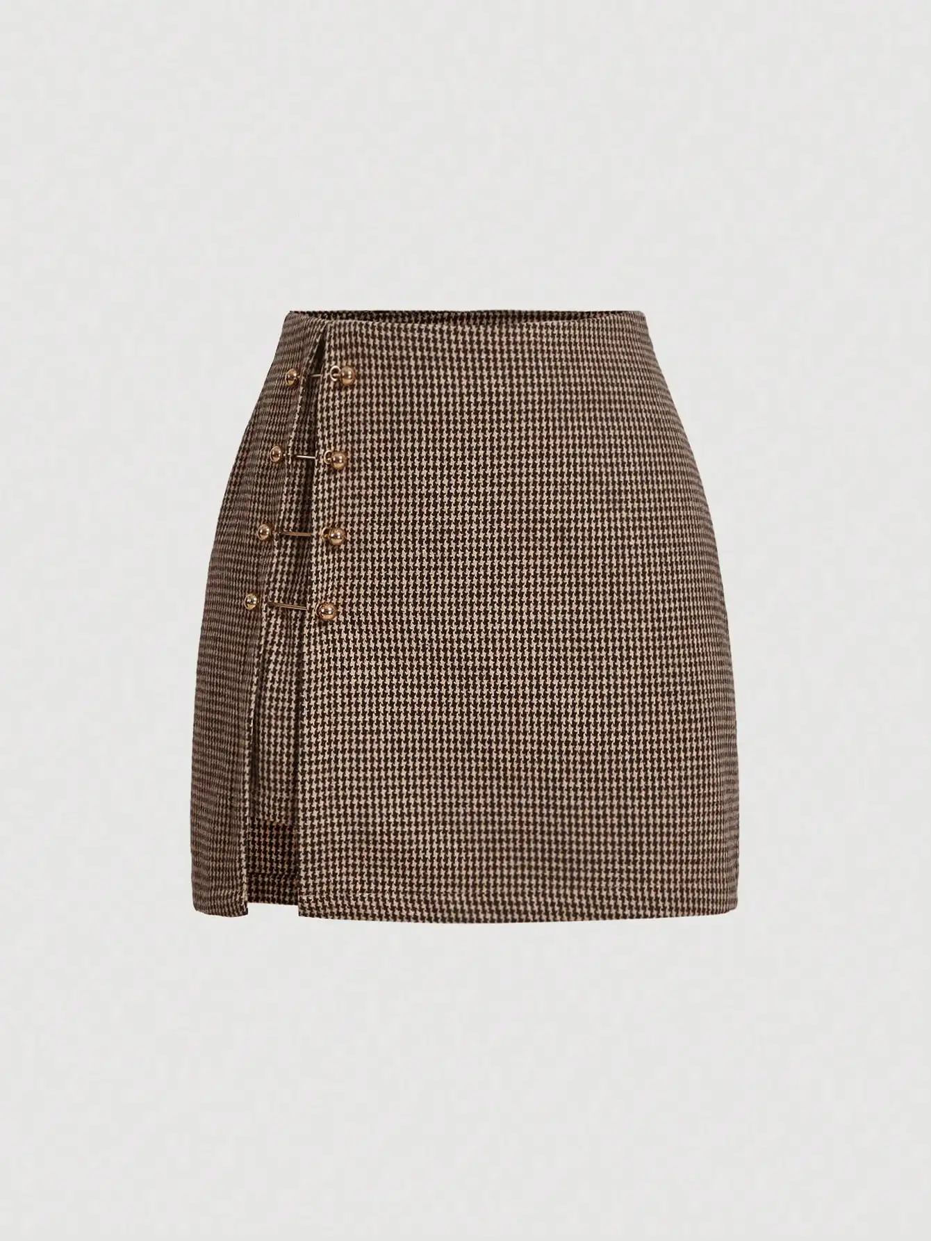 Mittellanger Houndstooth-Minirock mit seitlichem Metallknopfdetail
