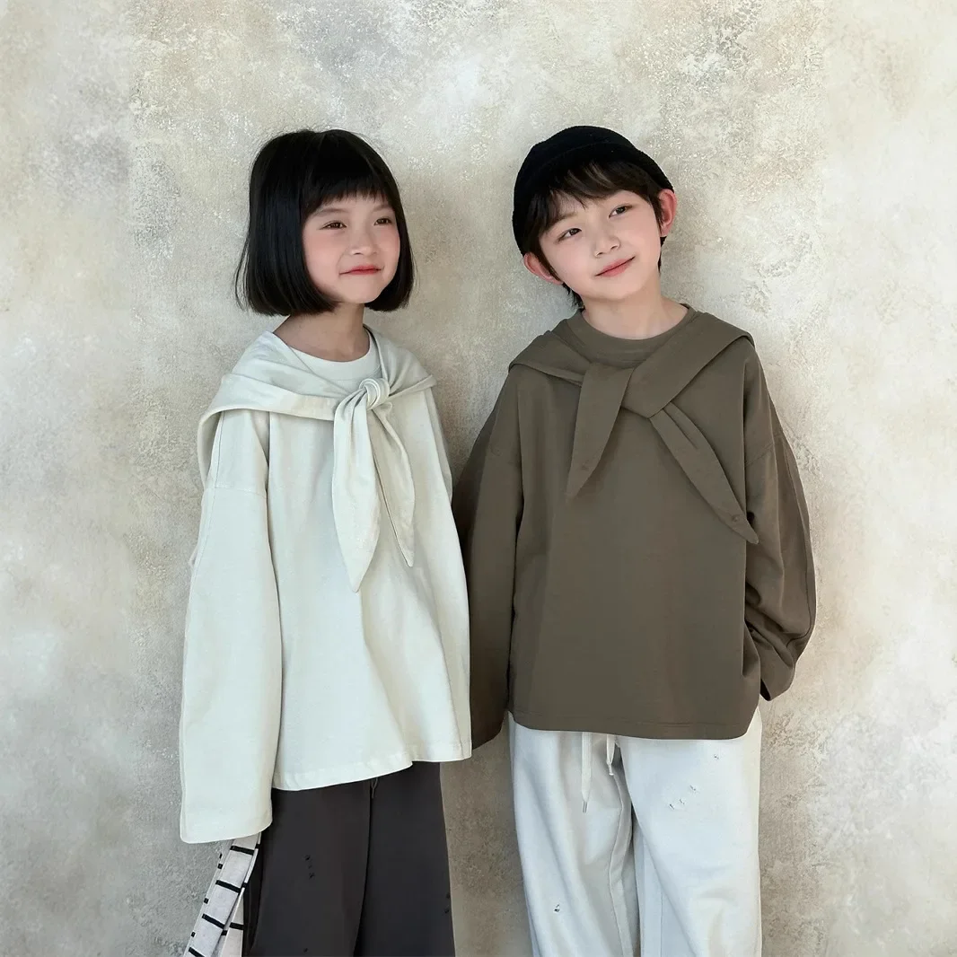 

2025 Spring New Korean Children T-shirt for Boys and Girls Loose Western Style Versatile Long Sleeve Trendy