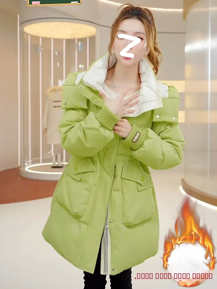 

Women's Winter Thiened down Cotton Jaet 2026 New Design Hat Inteated Medium Length Outerwear Warm Commuter Sle Korean...