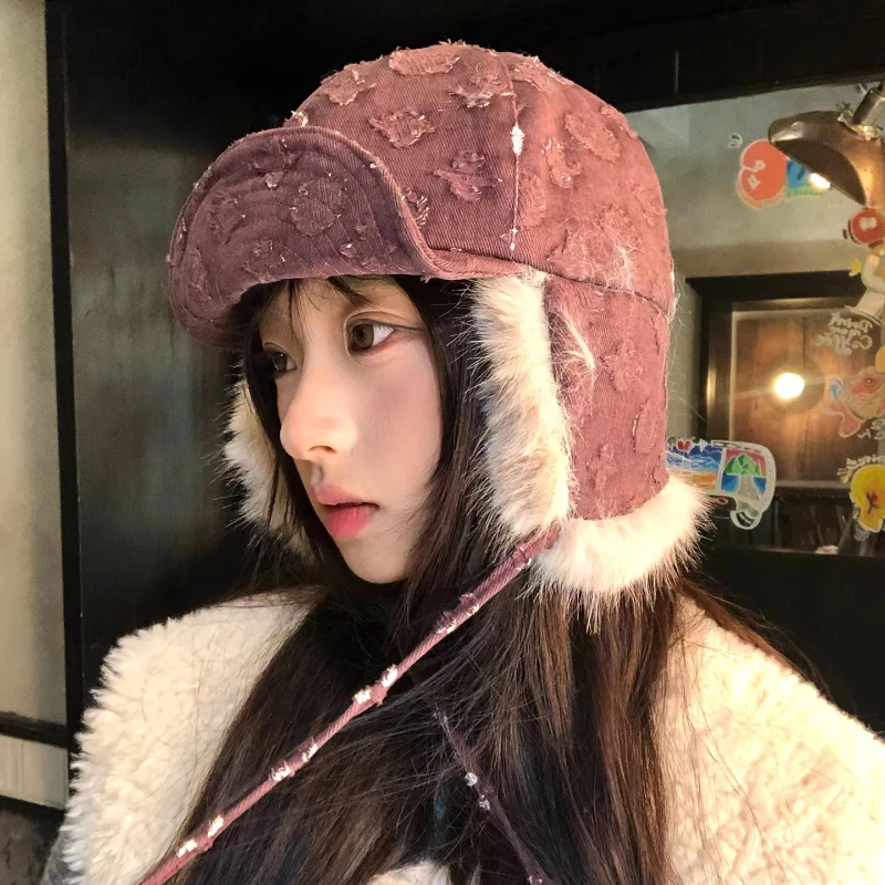 Retro Purple Thickened Plush Ear Protector Pilot Caps for Women Autumn Winter Travel Warm Versatile Fashion Strap Bomber Hats view 4