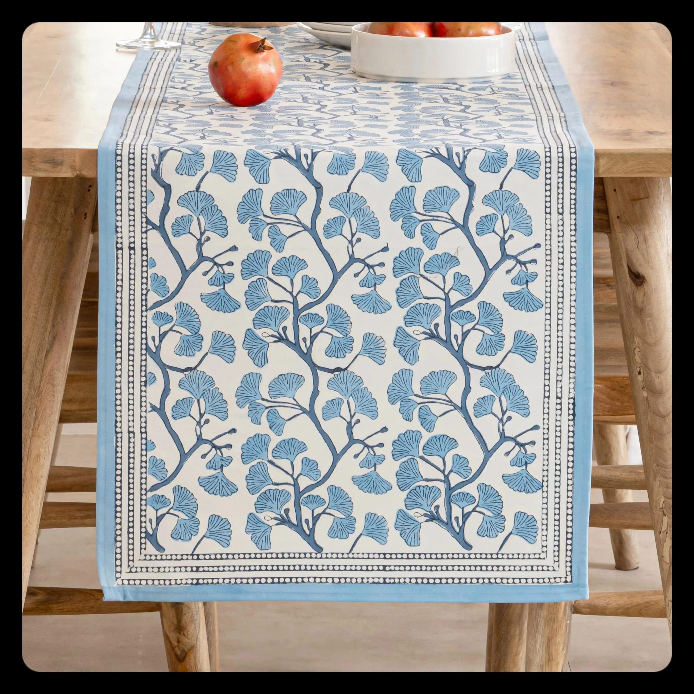 Blue Ginkgo Leaf printed Table Runner - Linen Festive Daily Dining Centerpiece