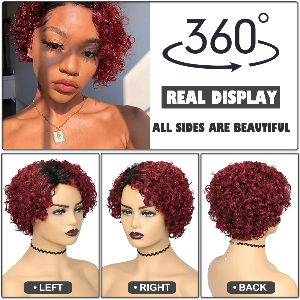 Short Curly Human Hair Wigs Afro Kinky Curly Side Part Short Bob Pixie Cut Glueless Wig Brazilian Remy Human Hair For BlackWomen