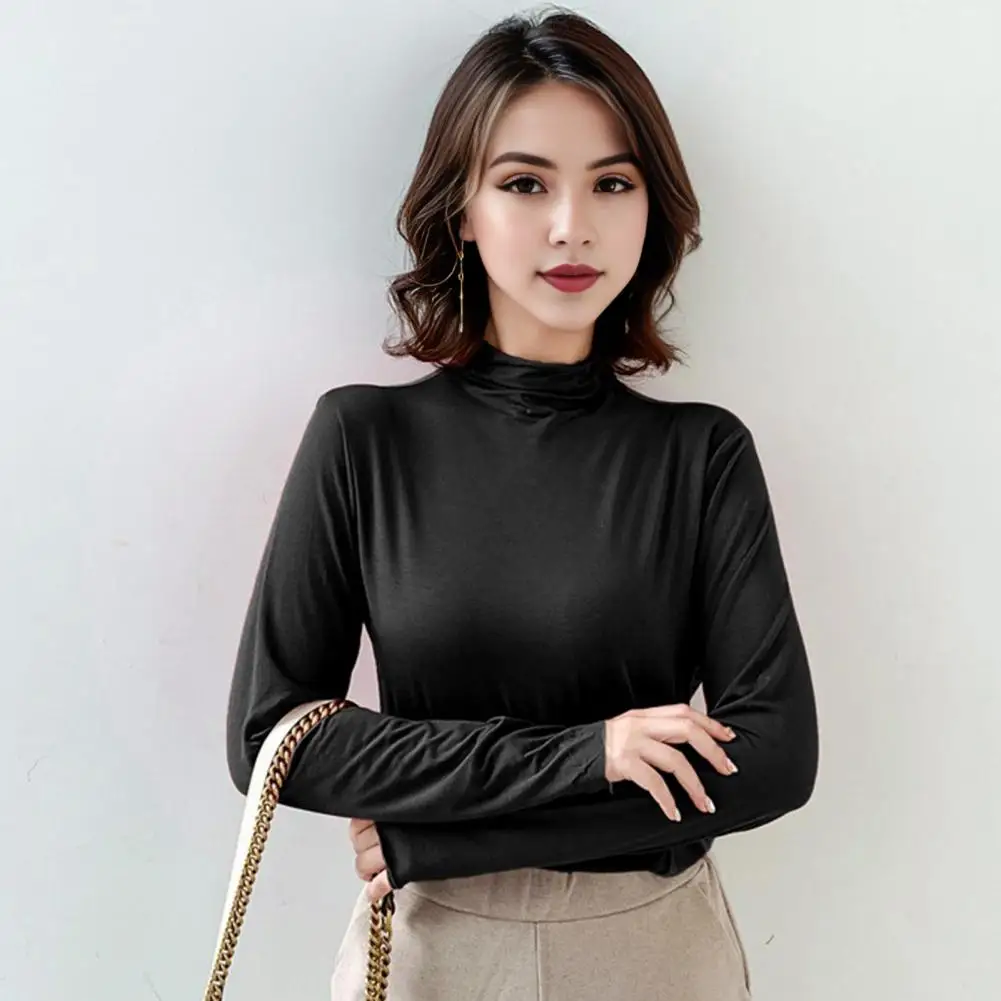 

Women Long Sleeve Top Slim Half-high Collar Shirt Solid Color Bottoming for Femme