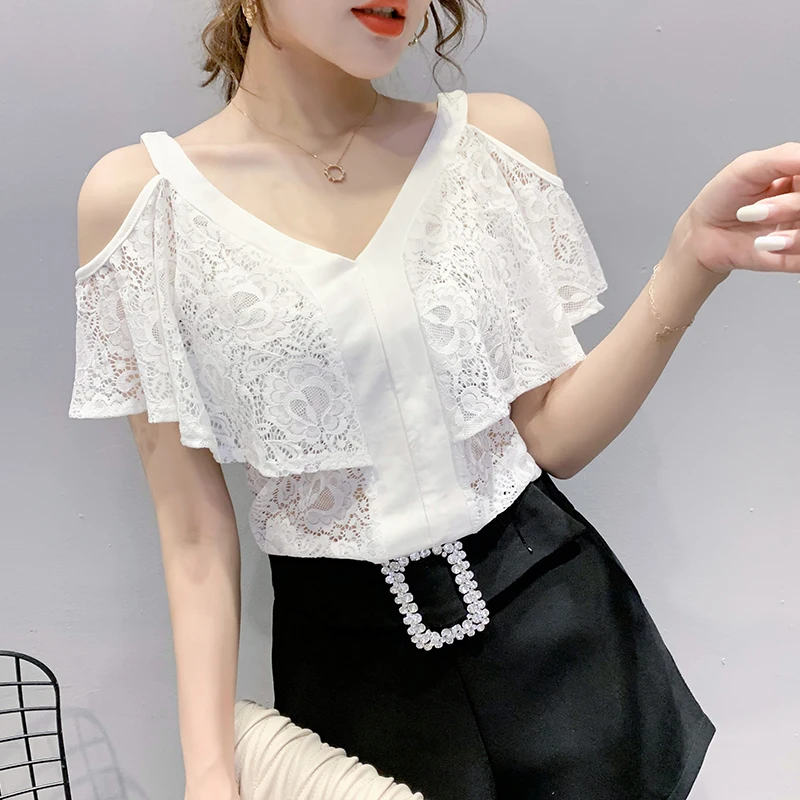 Lady Fashion Sexy Lace Splicing Black Off Shoulder T Shirts for Women Clothing Girls Vintage Tops Female Woman Nice Clothes 2