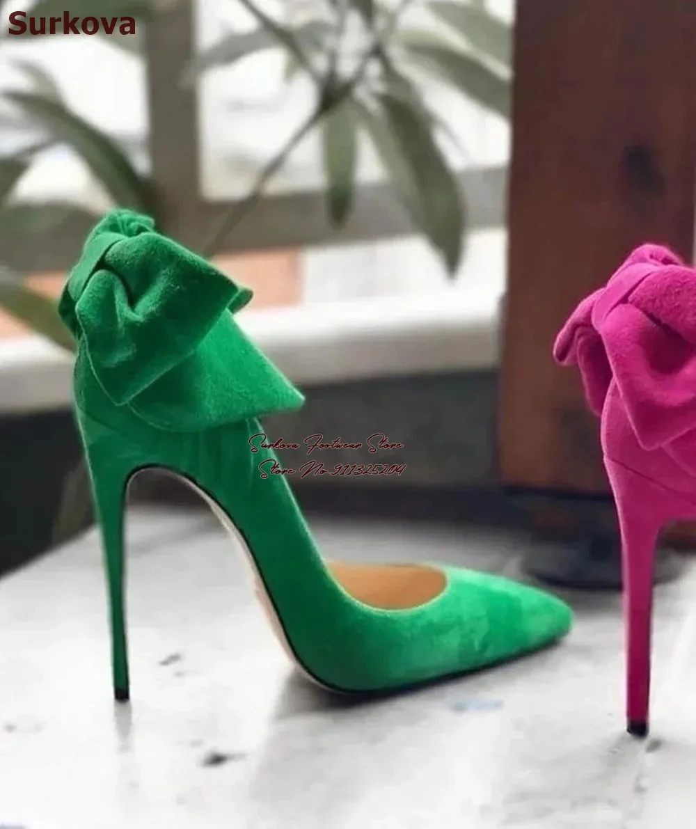 Surkova Green Pink Suede Butterfly-know High Heel Shoes Sky High Pointed Toe Dress Pumps Bowtie Slip-on Shallow Heels