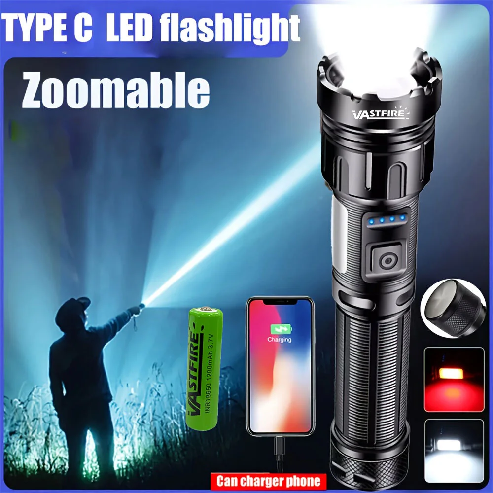High Power Rechargeable LED Tactical Flashlight With COB Aluminum Alloy Telescopic Zoom Torch Lamp for Outdoor Camping Fishing