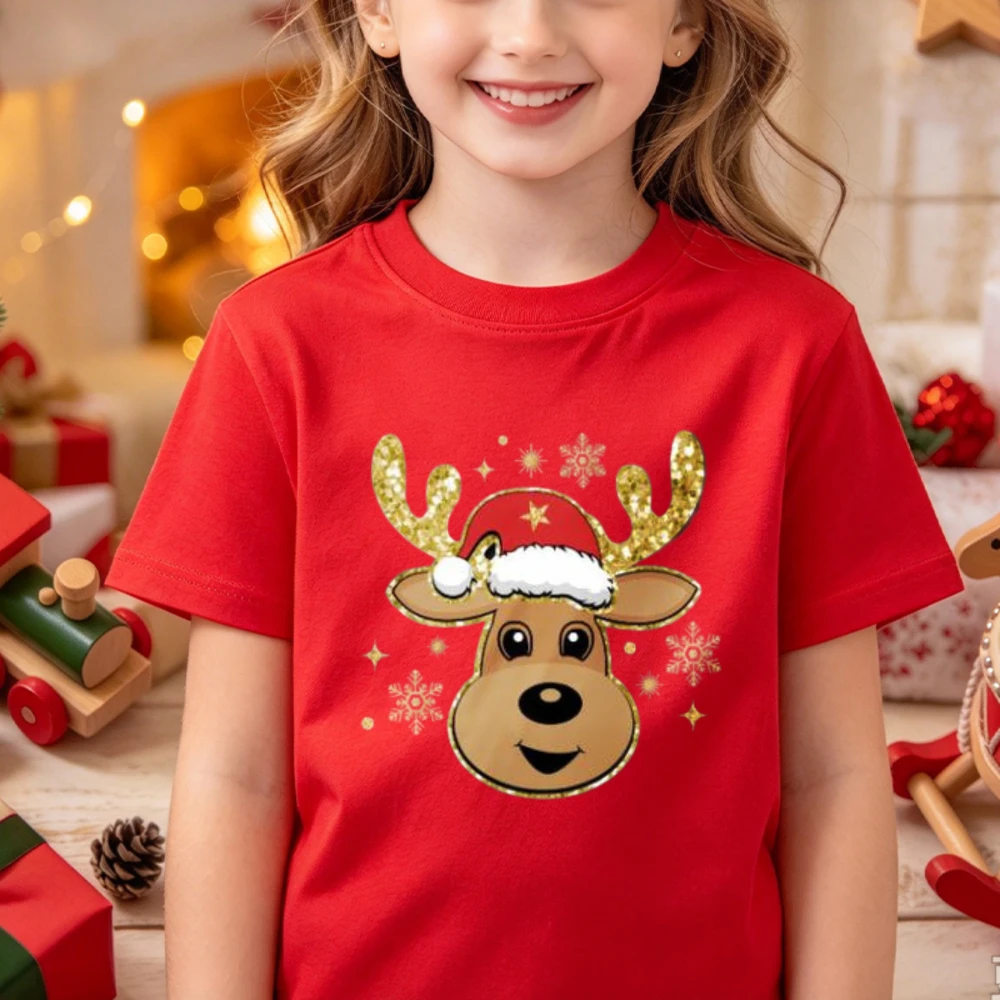 Cute Reindeer Kids Christmas T-Shirt Red Gold Glitter Antlers Santa Hat Graphic Tee Boys Girls Youth Holiday Top Boys Clothes