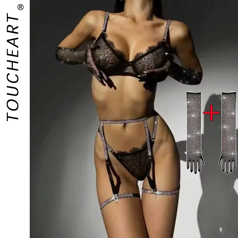 

Toucheart Sexy Lingerie Set Lace Uniform For Women Two Piece Bra Set Hot Rhinestone Sexy Perspective Lace Patchwork Lingerie New