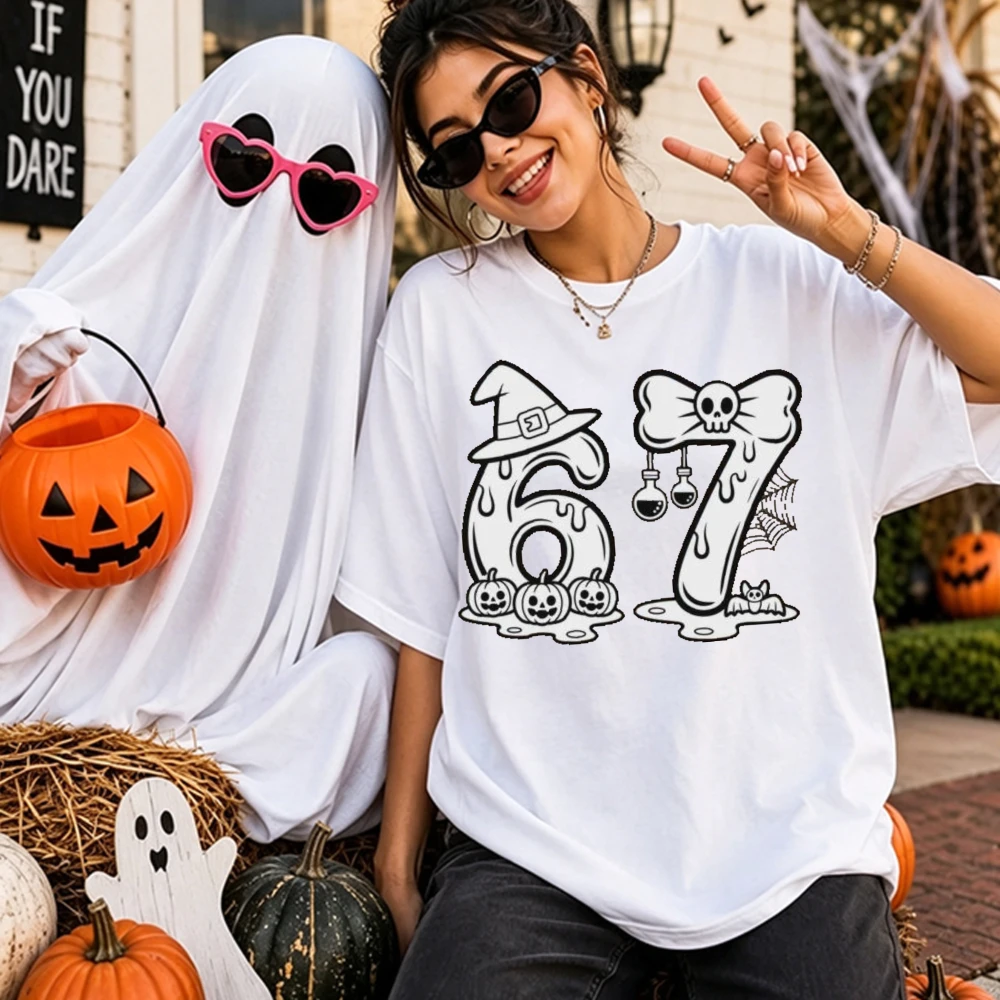 Six Seven 67 Meme Halloween Graphic T-Shirt Cotton Short Sleeve Couples Unisex Men Women Spooky Witch Pumpkin Matching Gift Tops