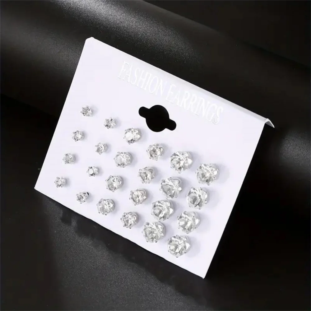 12 Pairs Set Stainless Steel Silver Color CZ Stud Earrings with Gemstone Buds Round Earrings Jewelry Accessories Unisex image 3