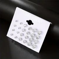 12 Pairs Set Stainless Steel Silver Color CZ Stud Earrings with Gemstone Buds Round Earrings Jewelry Accessories Unisex 3