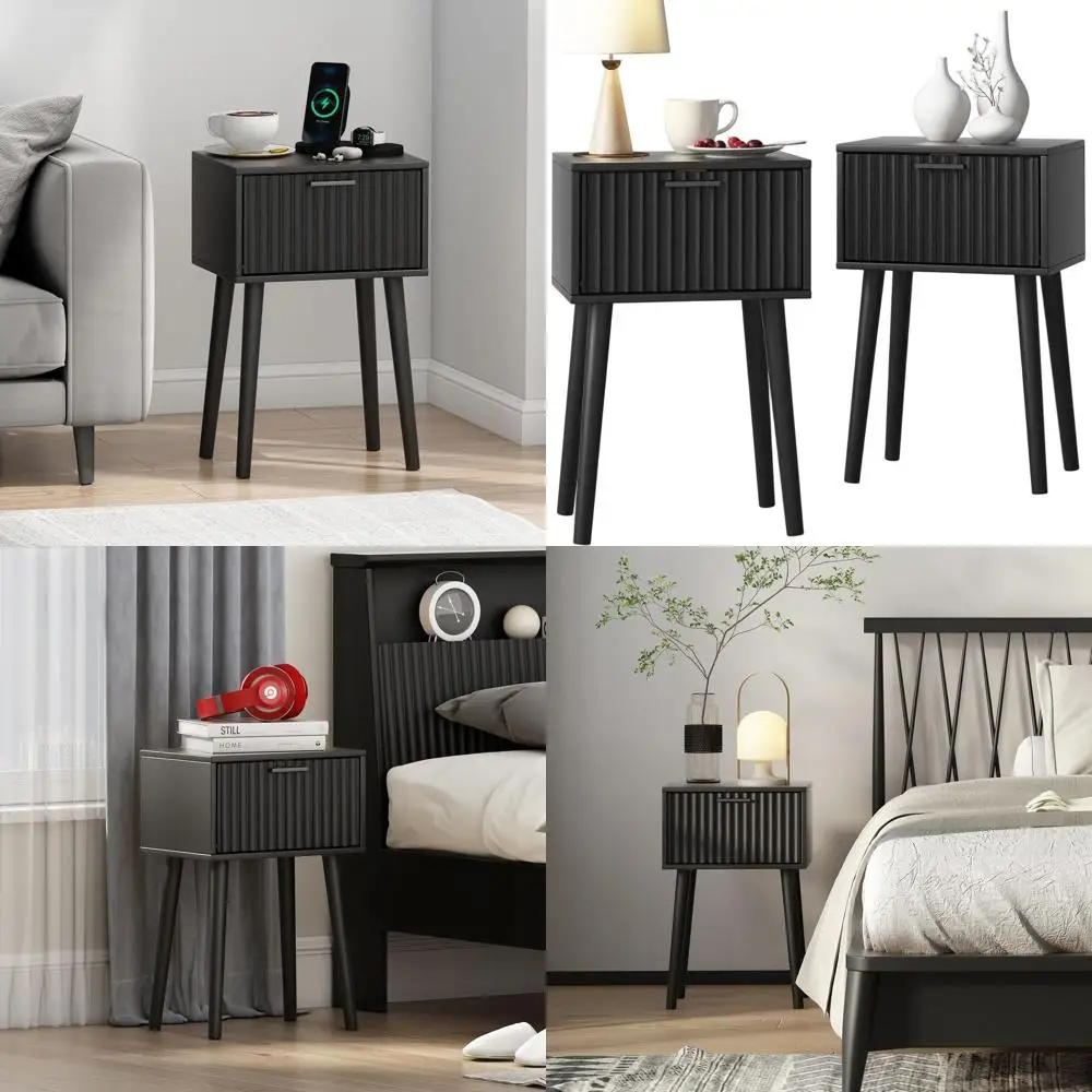 

Pair of Modern Small Side Tables, Bedside with Fluted Door, Solid Wood Legs, Ideal for Compact Spaces in Black