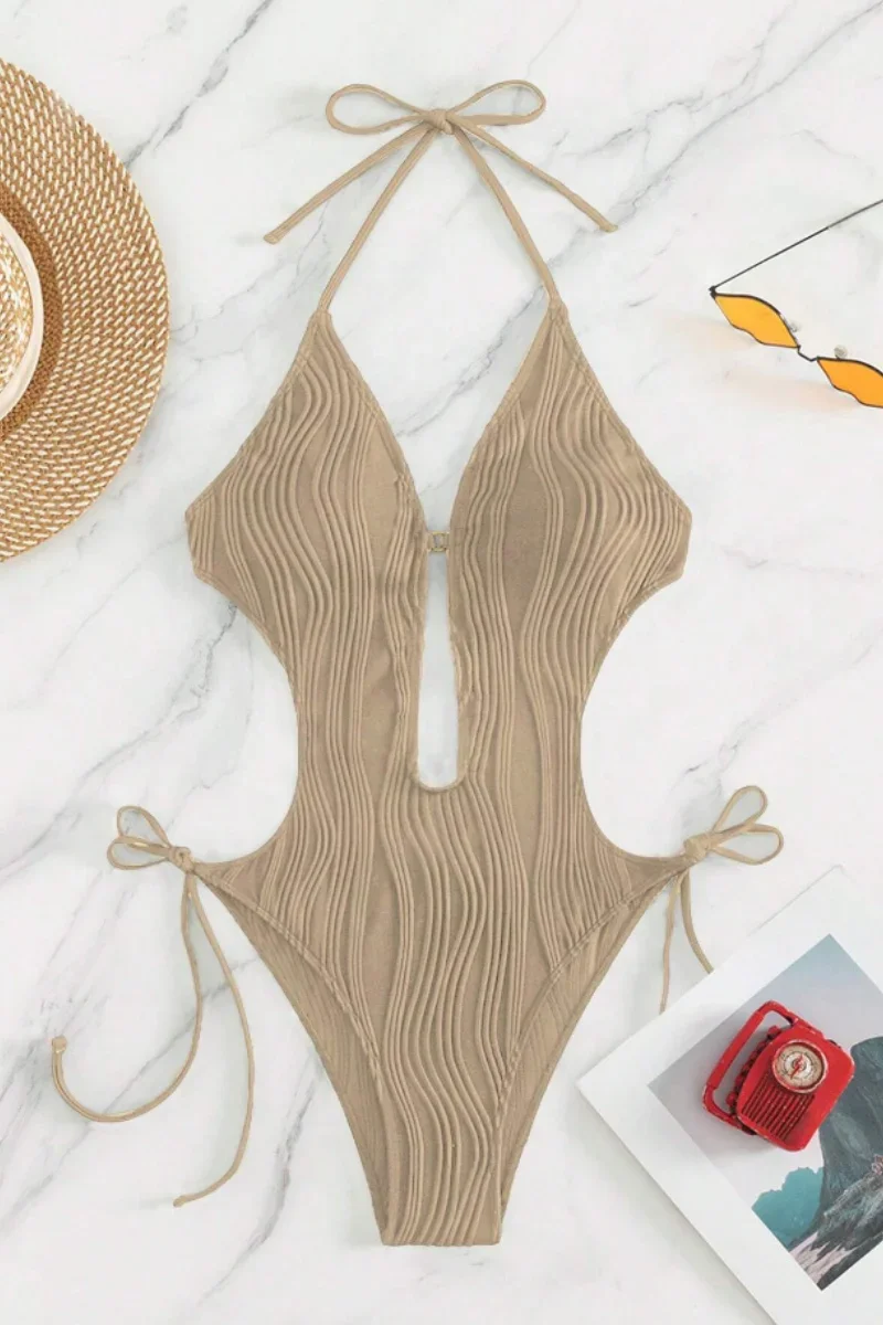 Nuevo traje de baño de una pieza europeo y americano, traje de baño Sexy de cintura alta sin espalda para mujer, traje de baño de una pieza