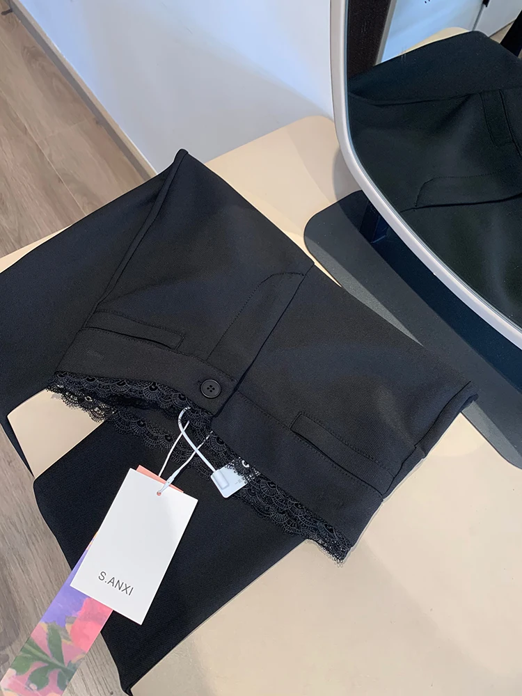 블랙 엘레강트 수트 팬츠 여성 심플 레이스 패치워크 오피스 레이디 플레어 트라우저 하이 웨이스트 슬림 핏 캐주얼 패션 여성 팬츠