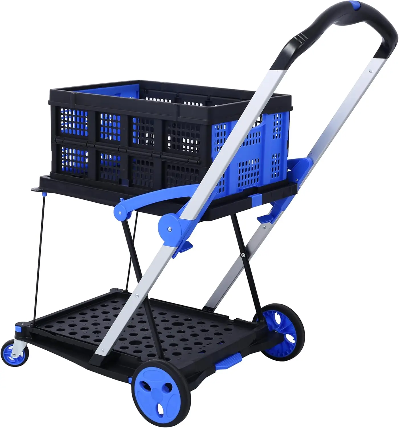 

2 Tier Portable Hot Sale Folding Supermarket Shopping Cart Plastic Trolley 4 Wheels Carts for Shops