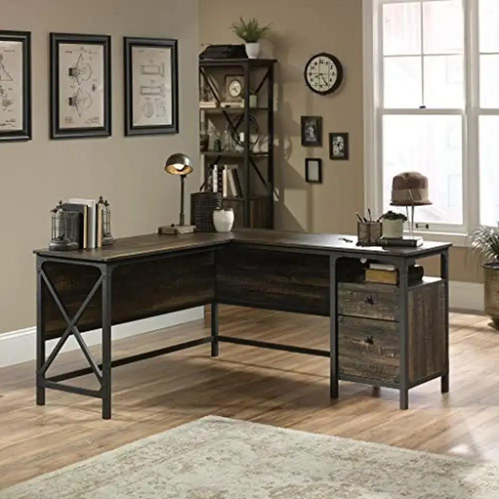 Industrial Style L-Shaped Desk Spacious Work Surface 2 Drawers Wire Management 59.84