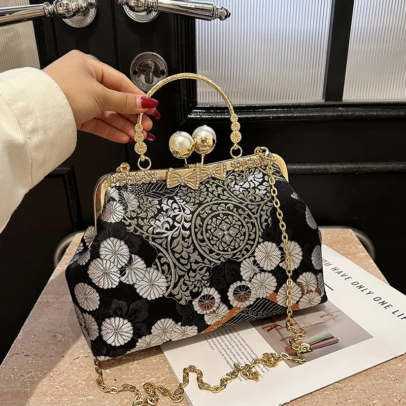 New Boho Chic Embroidered Handbags Women's Fashion Shoulder Bags with Metal Handle & Chain Strap Crossbody Purse Casual Day Bags view 3