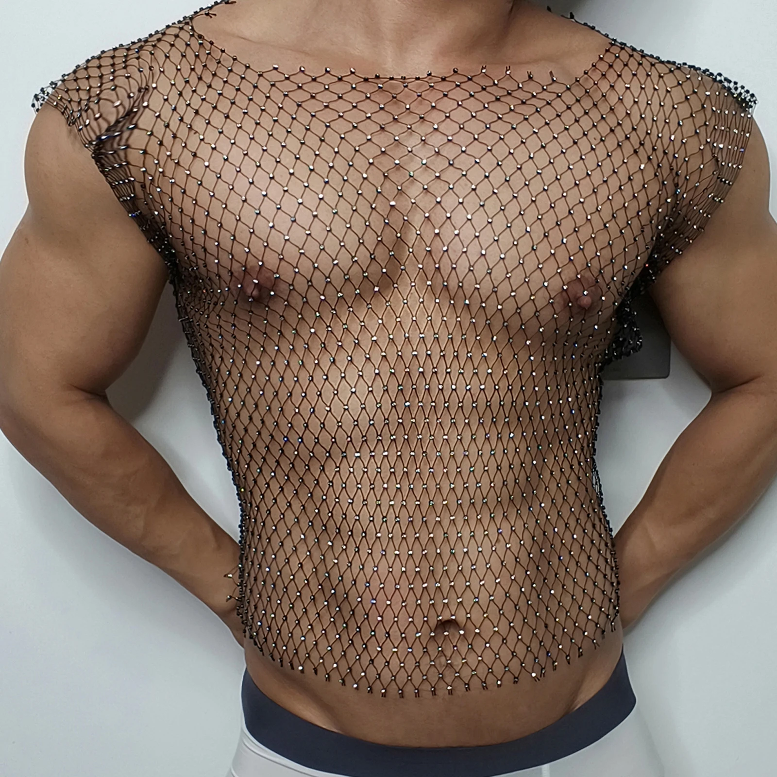 Men Sexy Tank Tops Fishnet Rhinestone Shiny Hollow Vest Man Mesh See-Through Sleeveless T-Shirt Transparent Clothing