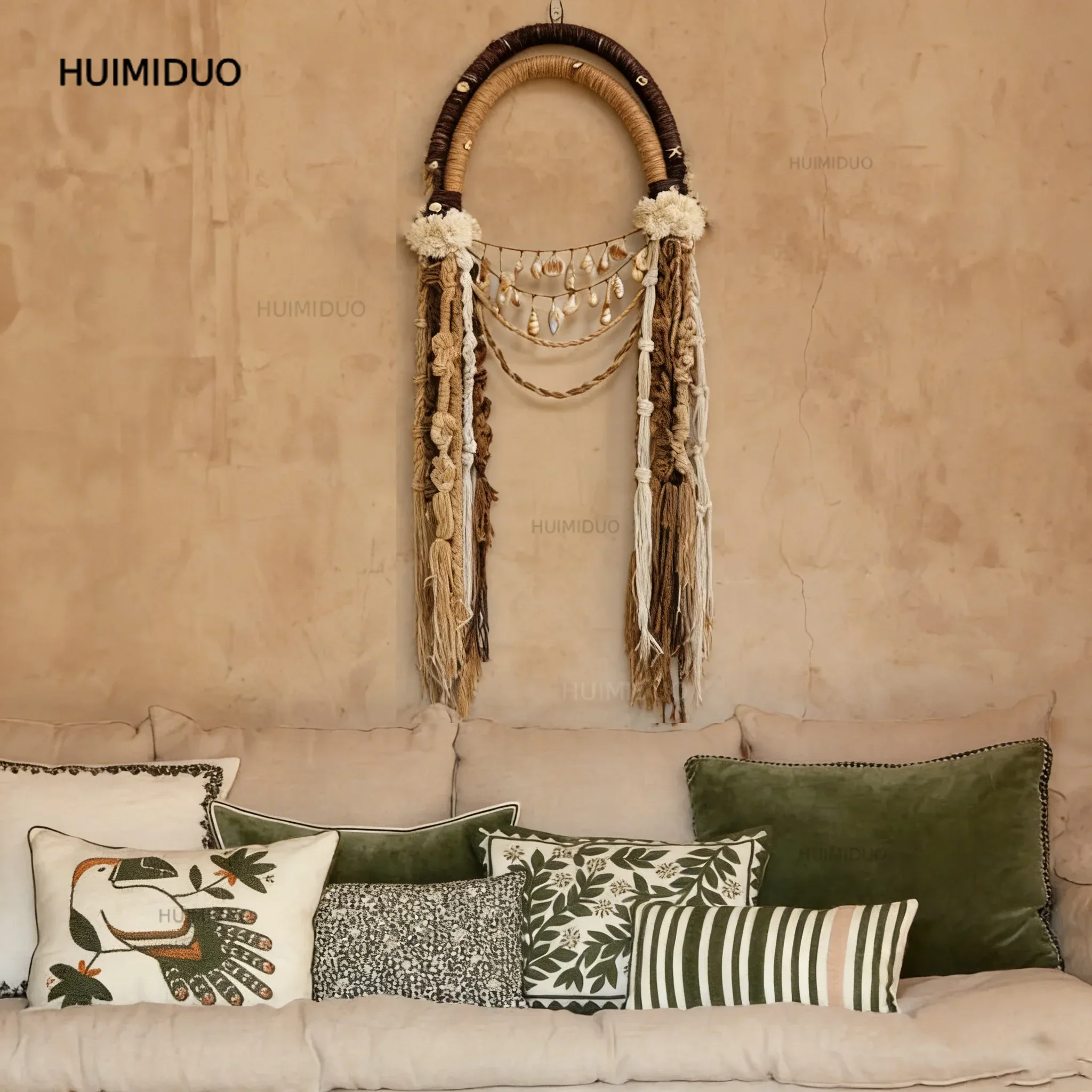 Bohemian Retro Shell Woven Hanging Natural Jute Arch Wall Decor Rustic Home Soft Furnishing Wall Ornament