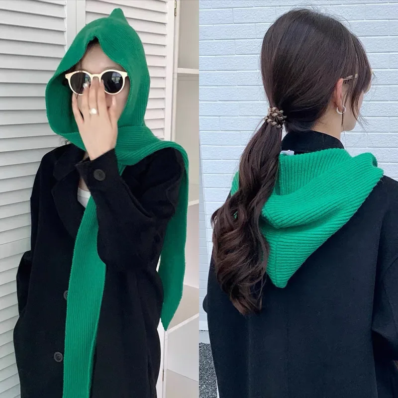 Korea Hat Scarf Set Women Knitted Hooded Shawl Balaclava Hat Winter Thicken Keep Warm Scarf Wool Pullover Hat Gothic Accessories