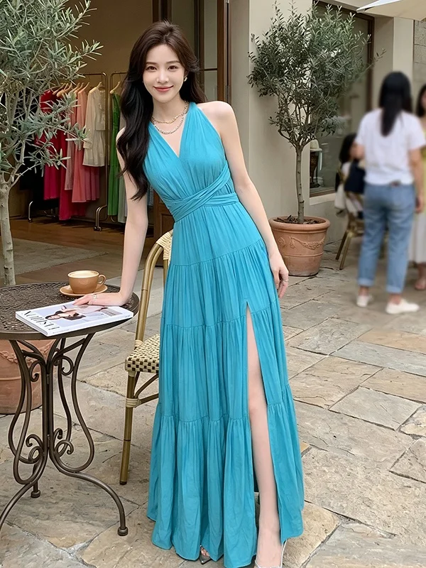 

Blue Backless Neckline Dress Women's Summer Vacation Style High Waist Long Skirt Split Casual Loose Fit V-Neck Sleeveless Dress