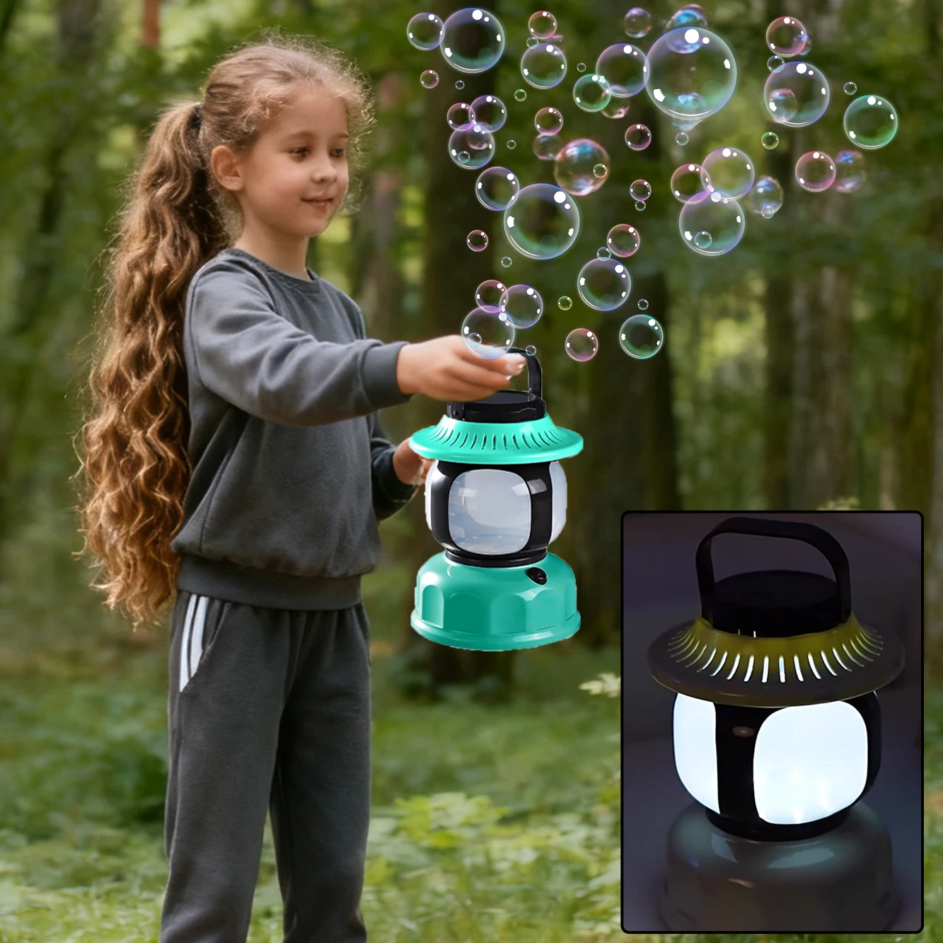 Nova pistola de bolhas elétrica porosa, máquina de bolhas leves para acampamento, soprador de sabão automático com luz, verão, jogos de festa ao ar livre, brinquedo