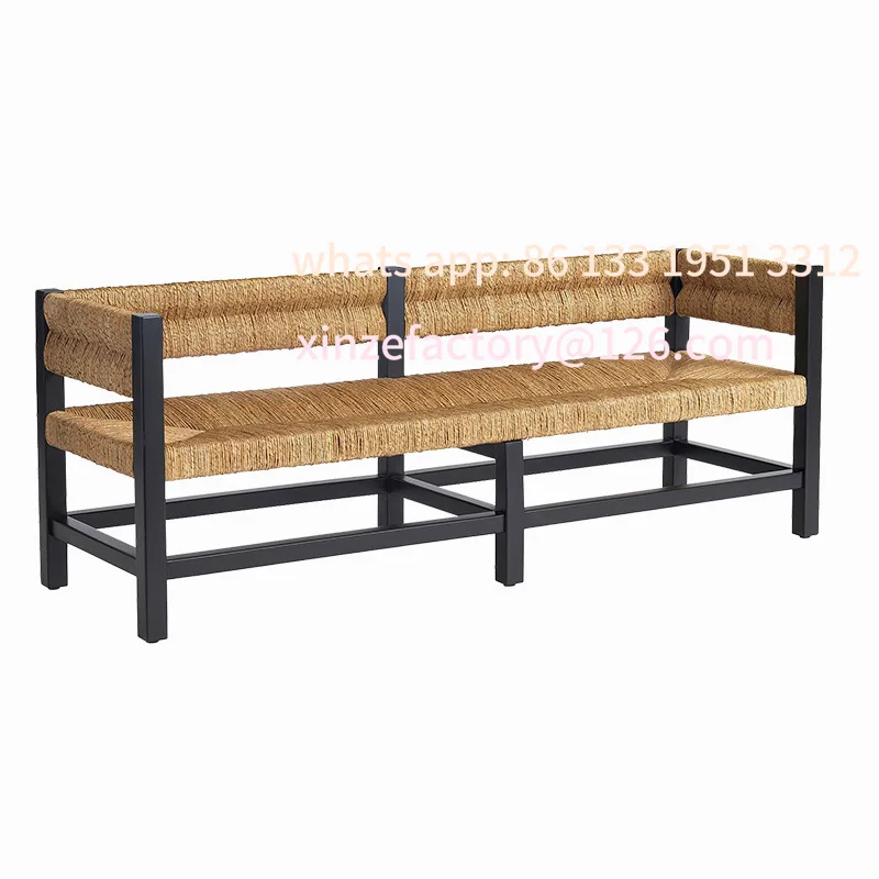 

Customizable rattan bench solid wood woven double sofa straw bed and breakfast hotel leisure stool end stool shoe changing stool