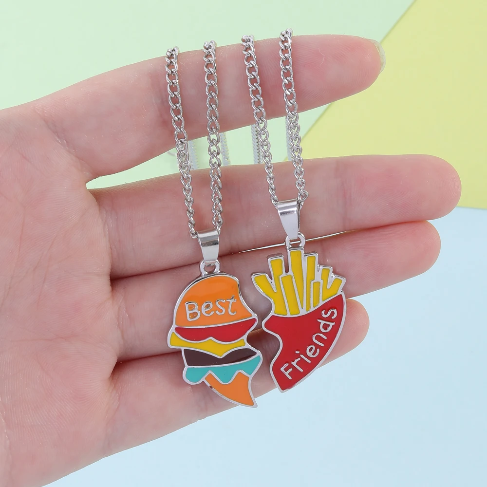 2 Pcs Best Friends Pendant Necklace Set Hamburg Fries Matching Heart Choker For Girl Bestie Friendship Forever Gift BFF Jewelry