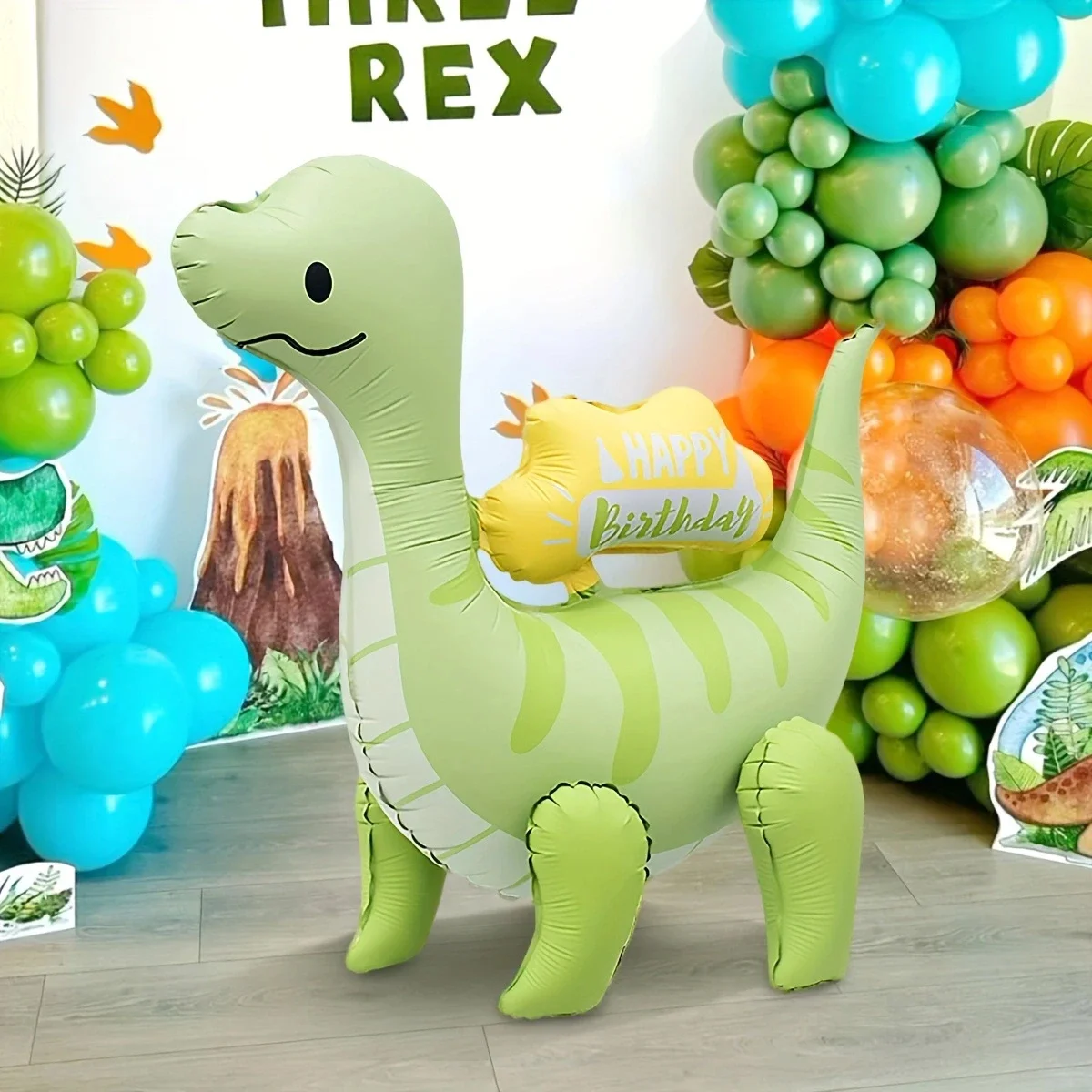 Globo de película de aluminio 3D de dinosaurio de cuello largo verde de pie, decoración para fiesta de cumpleaños con tema de dinosaurio salvaje de la jungla, 1 ud.