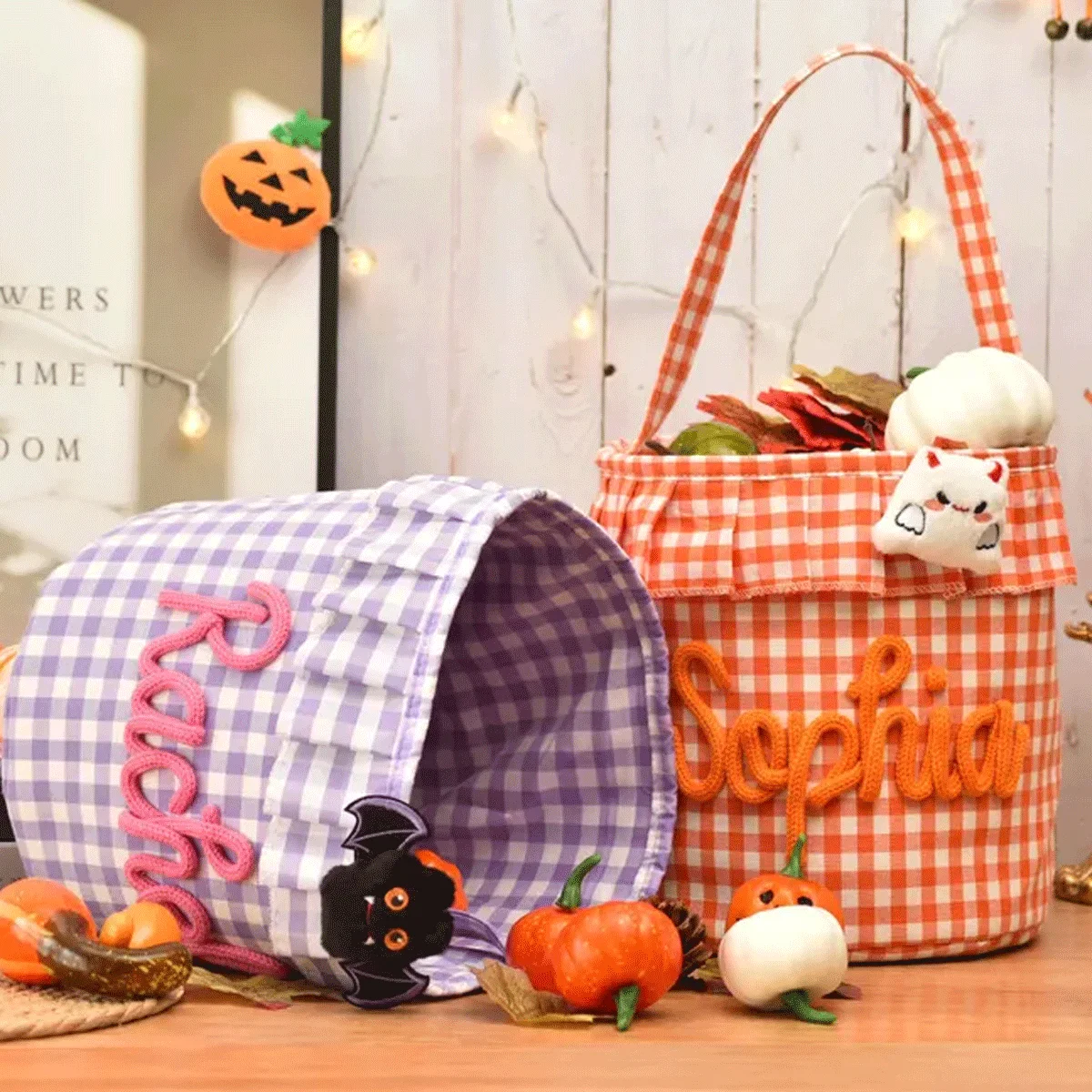Personalized Ruffled Halloween Storage Basket, Customizable Plaid Trick-or-Treat Bag, Halloween Candy Bucket, Halloween Gift Bag