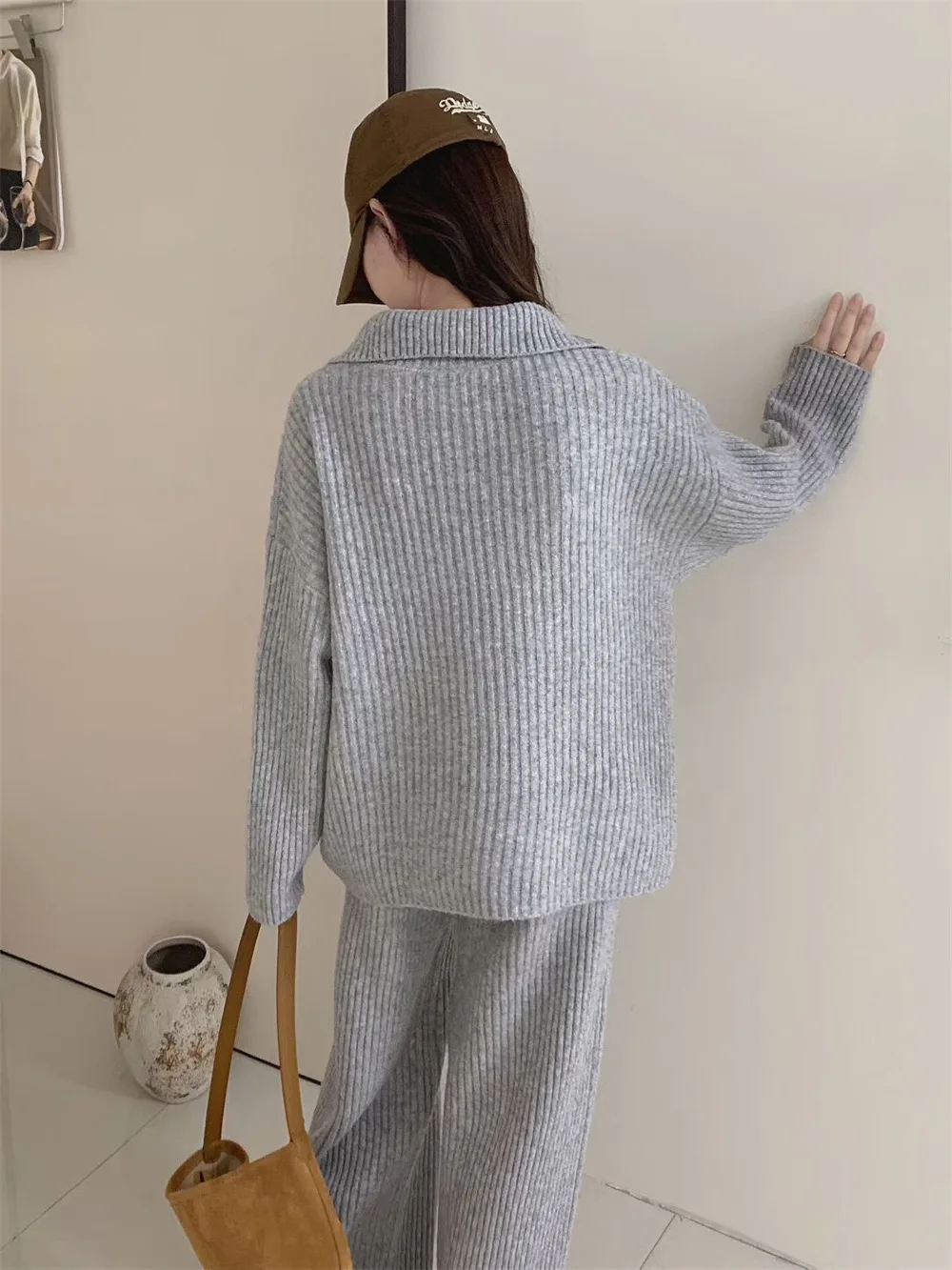 2025 Autumn/Winter New Sweater Set Women's Polo Collar Knitted Top Casual Pants Loose Lazy Two Piece Set