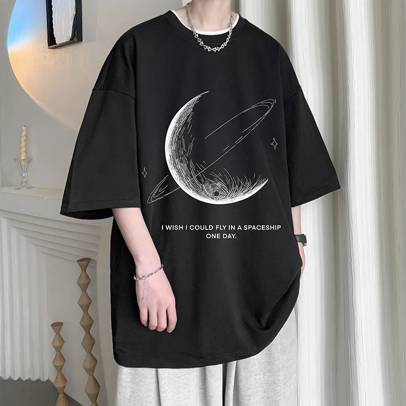 Men\'s Cotton T-shirts White Mens Oversized T Shirt Summer Casual Wear Moon Print Tee Shirts Fashion for Men 5XL Male Clothes