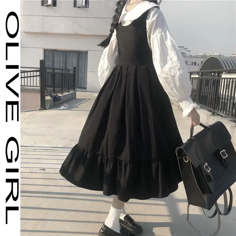 2021 letnie sukienki Maxi koszule dla kobiet Casual Kawaii bajkowe ubrania z długim rękawem sukienka na ramiączkach Lolita Harajuku Cottagecore szata