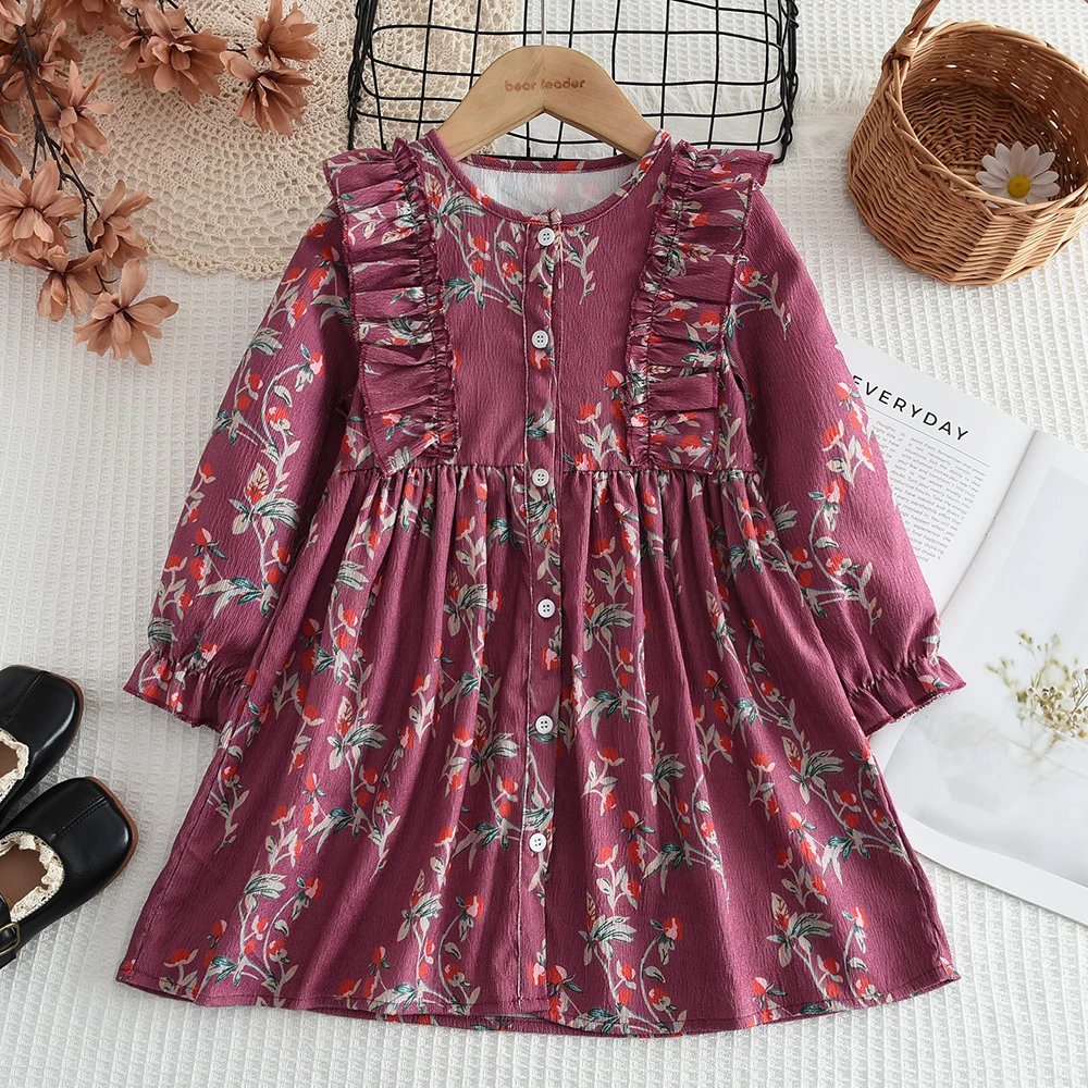 Spring and Autumn New Korean Girls' Dress with Purple Mushroom Edge Long Sleeve Children's Daily Casual Skirt for 3-7 Years Old