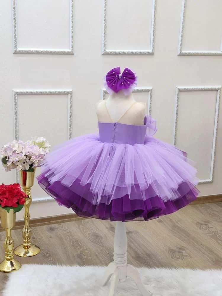 Customized Flower Girl Dress for Wedding Lavender Purple Strapless Big Bow Ombre Tiered Tulle Short Girls Pageant Dress