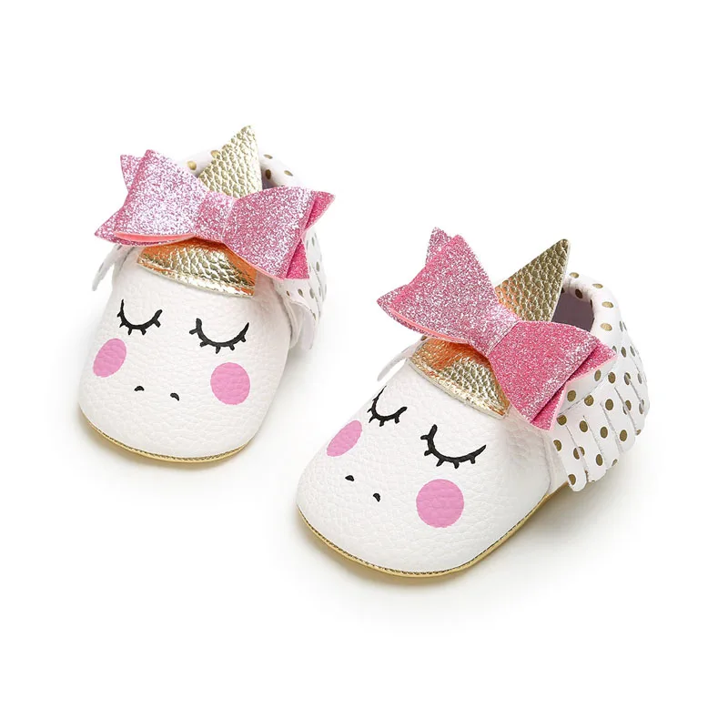 Kids Shoes PU Leather Newborn Baby Shoes for Girls Bownet Tassels Unicorn Soft Soled Non-slip Crib First Walker Children Shoes