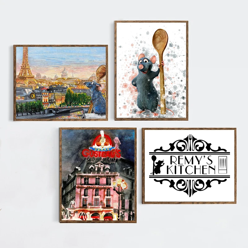 Ratatouille Französisch Inspirierte Gouache-Kunstdrucke Klassisches Cartoon-Poster Ratatouille Paris-Szene Leinwand-Ölgemälde Küchendekoration
