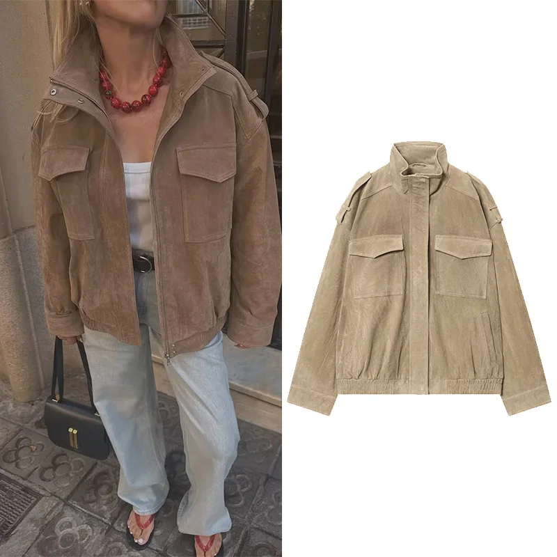 

Свободная замшевая куртка HipSeam, свободное пальто на молнии с лацканами и длинными рукавами, карманами, женское пальто 2024, весенне-осенние винтажные уличные топы