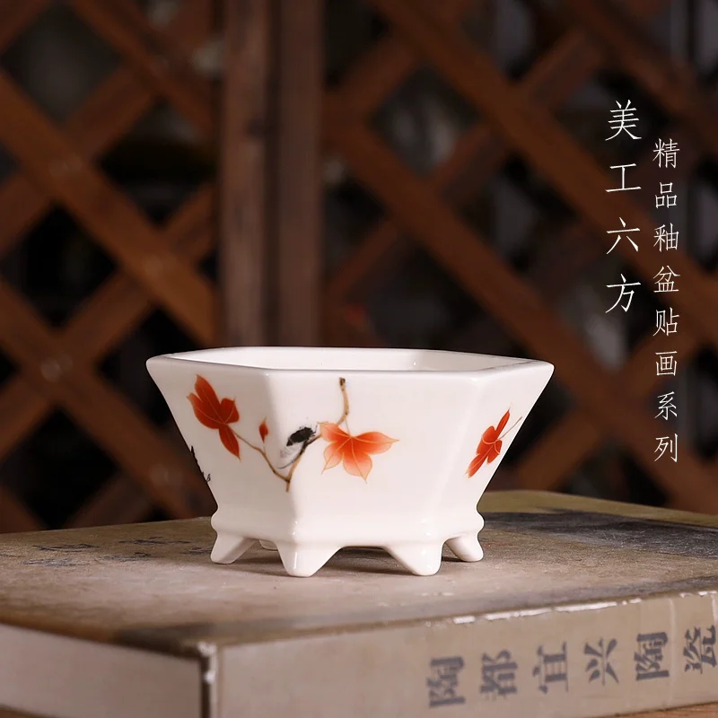 Porcelain Hexagon Bonsai Pot,Small Vase, Chinese Pattern,Garden Decoration, Traditional