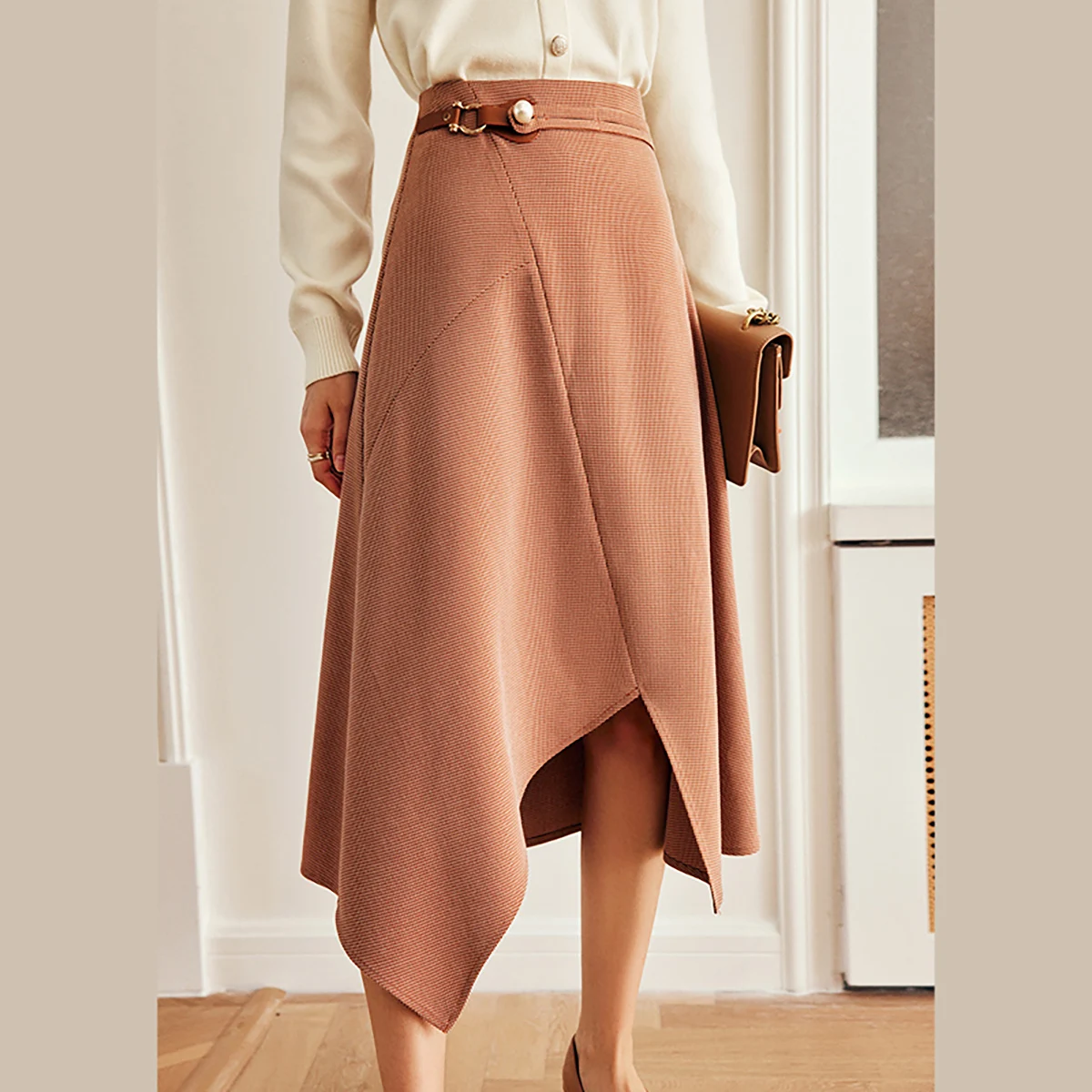 OLrain Coffee Plaid Woman Skirt 2025 Spring Summer Retro Irregular Slit Office Wear Leather and Metal Buckle Skirts O22QB63361