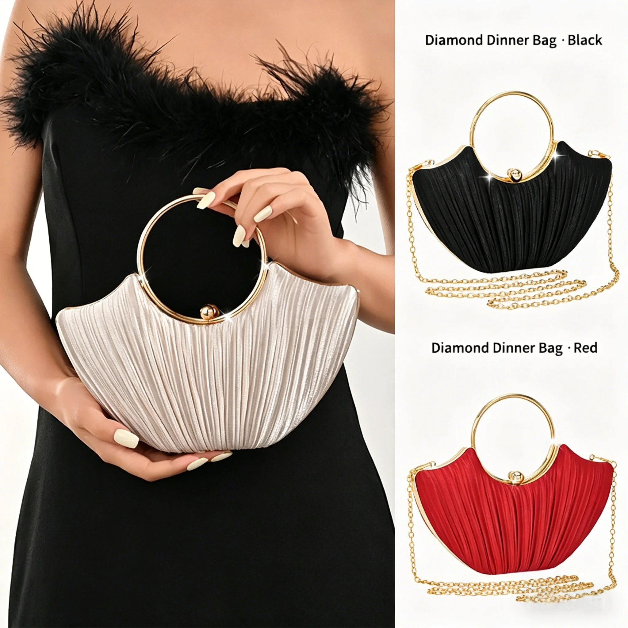 Elegant Pleated Satin Shell Dinner Bag Women Circular Handle Glitter Clutch Party Wedding Handbag Chain Shoulder Crossbody Bag
