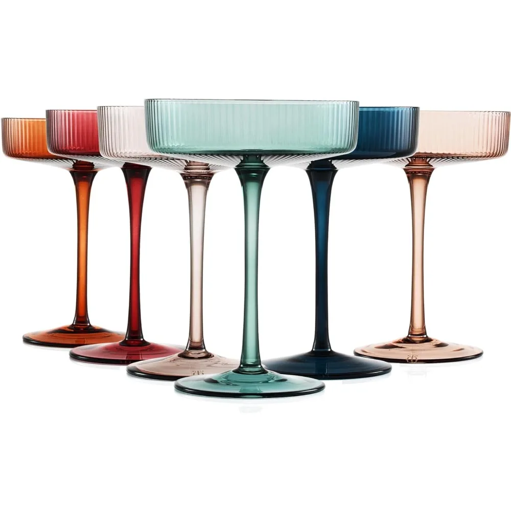 Farbige Vintage Art-Deco-Coupé-Gläser-Martini-, Cocktail-und Champagner-Rippen gläser 7 Unzen, 6er-Set, süßer pastellfarbener Kristall-Cocktail