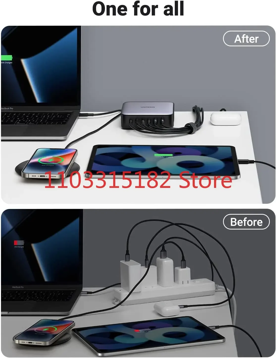 Fast Charger with 3FT USB C To C Charging Cable Ugreen Chargers Adapters 200W USB C Desktop Charger Nexode 6 Ports GaN PD