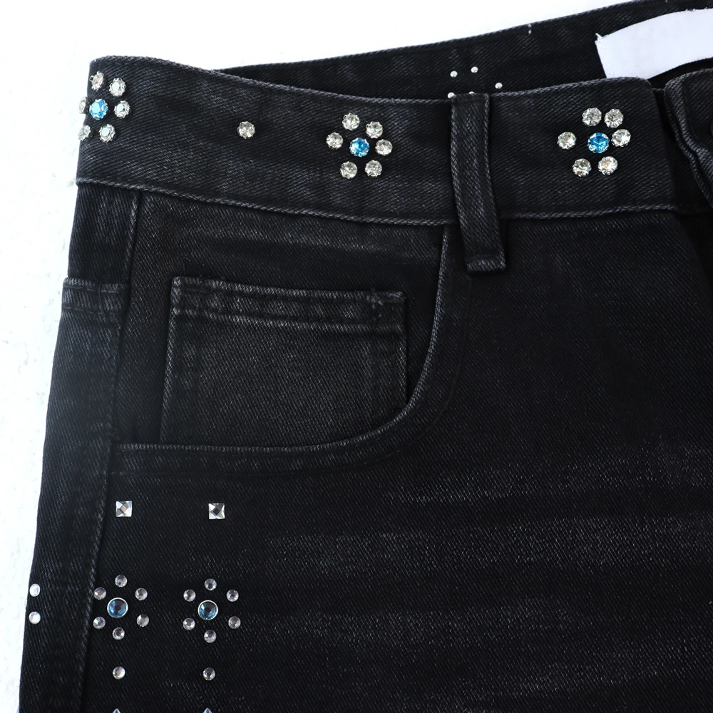 Summer Streetwear Denim Short Jeans with Rhinestones Hip Hop Street Style Cotton Casual Vintage Distressed Short Pants for Men's