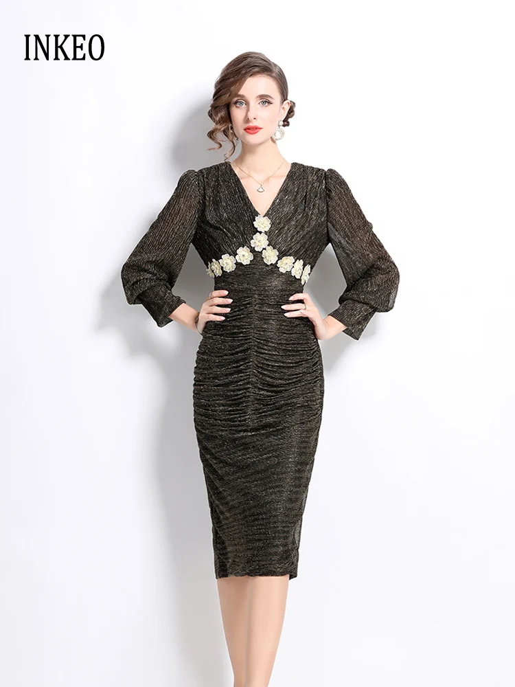 

Женское облегающее платье с цветочным принтом, новинка 2025, элегантное мини-платье с v-образным вырезом и длинными рукавами, женские блестящие платья, весна INKEO 4D167